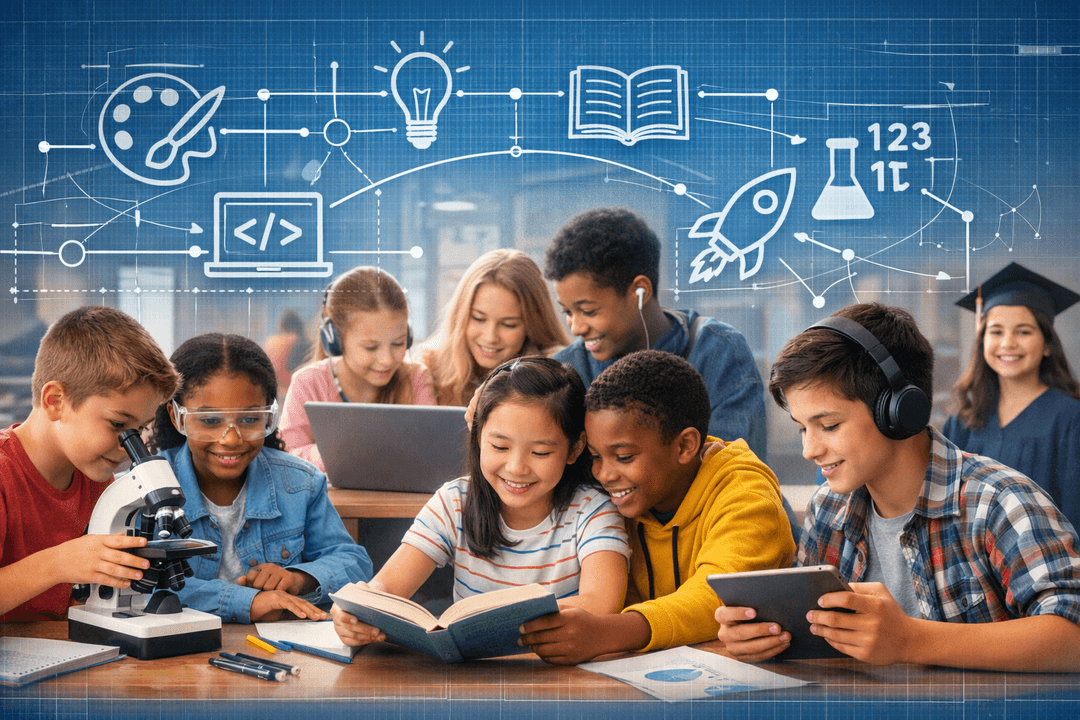 Diverse group of children engaged in learning with books, tablets, microscopes, and laptops with educational icons overhead